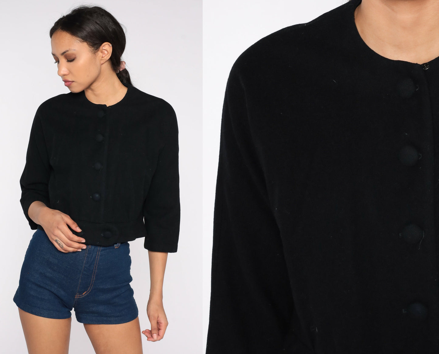 60s Black Cropped Jacket Button-Up Blazer Three-Quarter Sleeve Medium