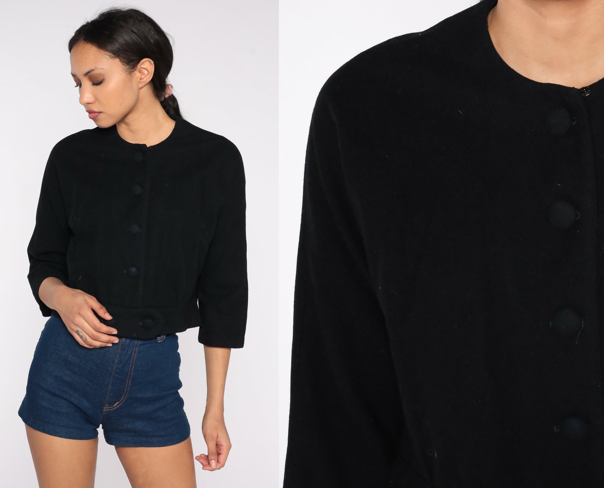 60s Black Cropped Jacket Button-Up Blazer Three-Quarter Sleeve Medium