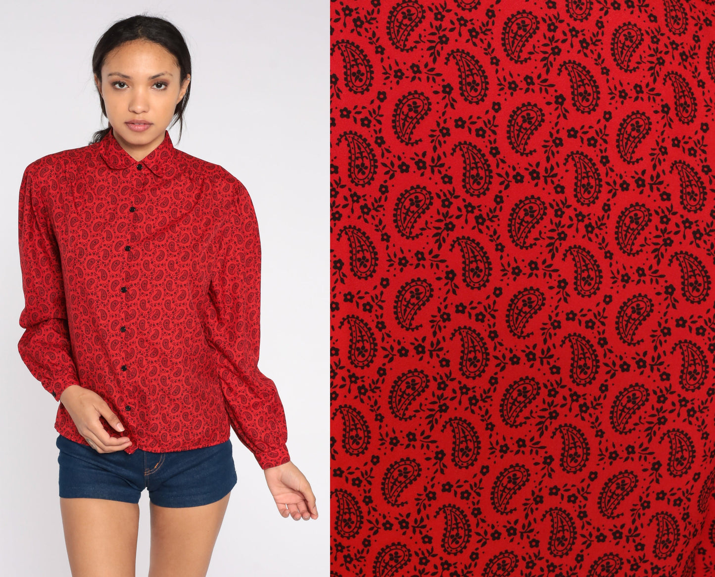 80s Red Paisley Peter Pan Collar Button-Up Blouse Puff Sleeve Medium