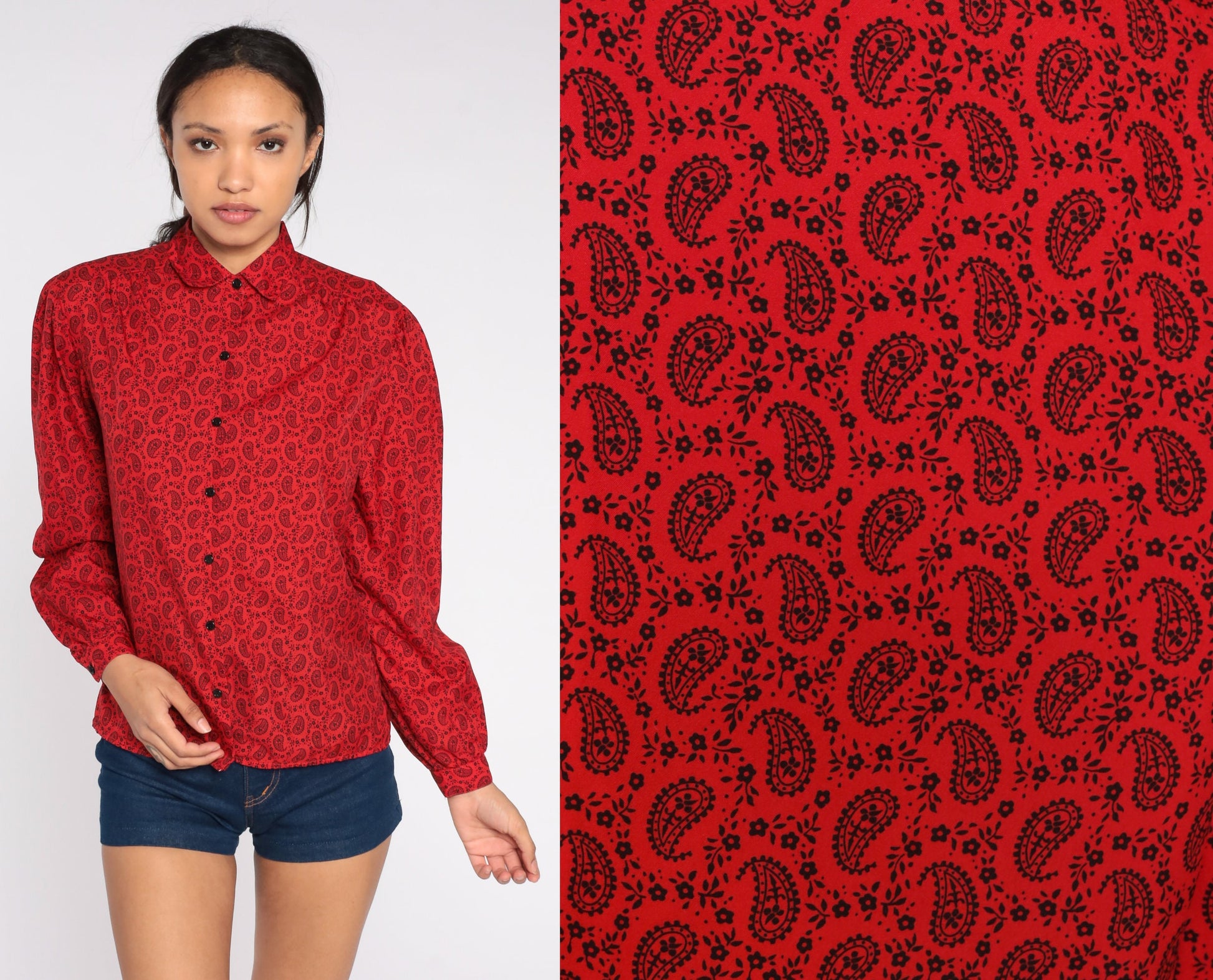 80s Red Paisley Peter Pan Collar Button-Up Blouse Puff Sleeve Medium