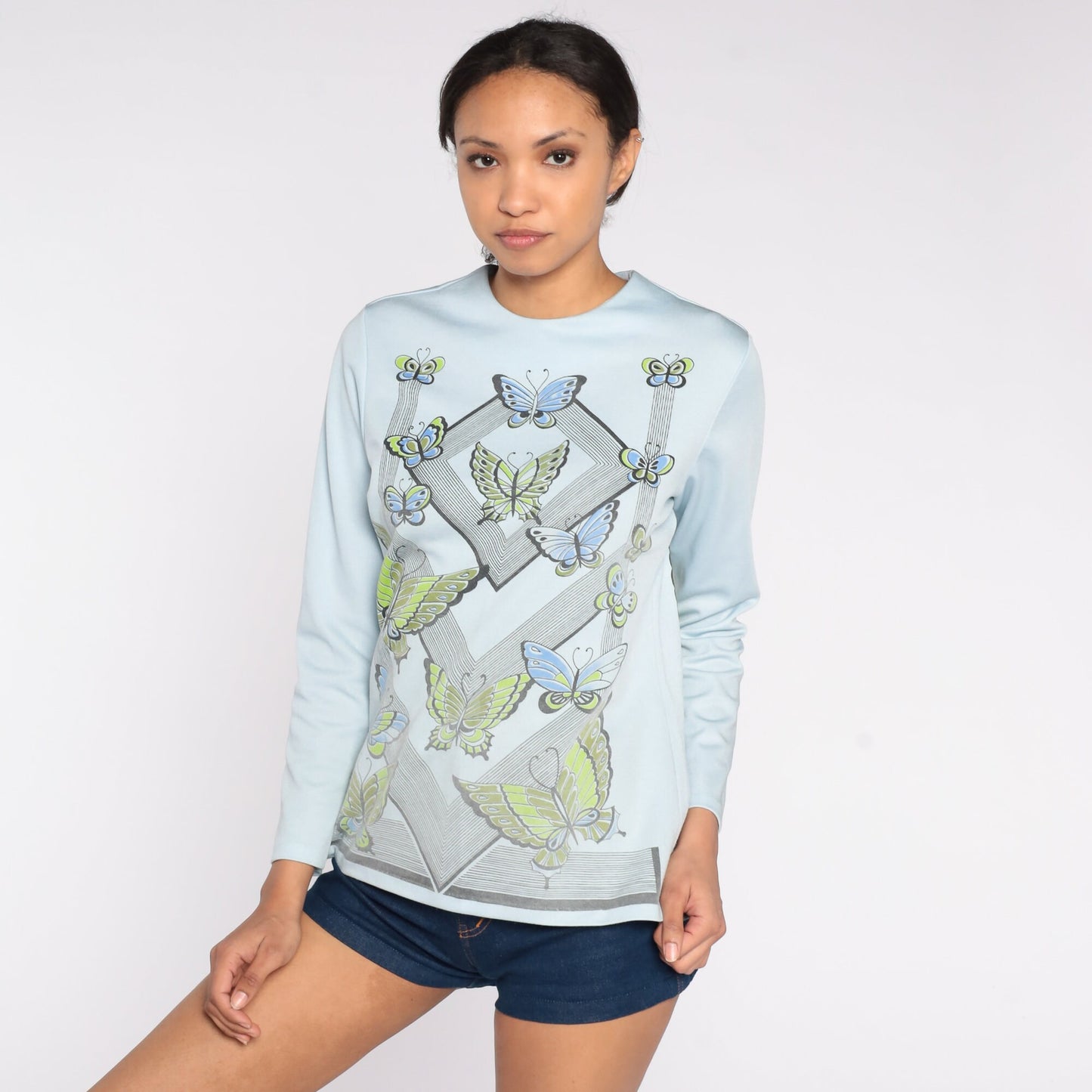 70s Butterfly Blouse Powder Blue Long Sleeve Graphic Shirt Medium