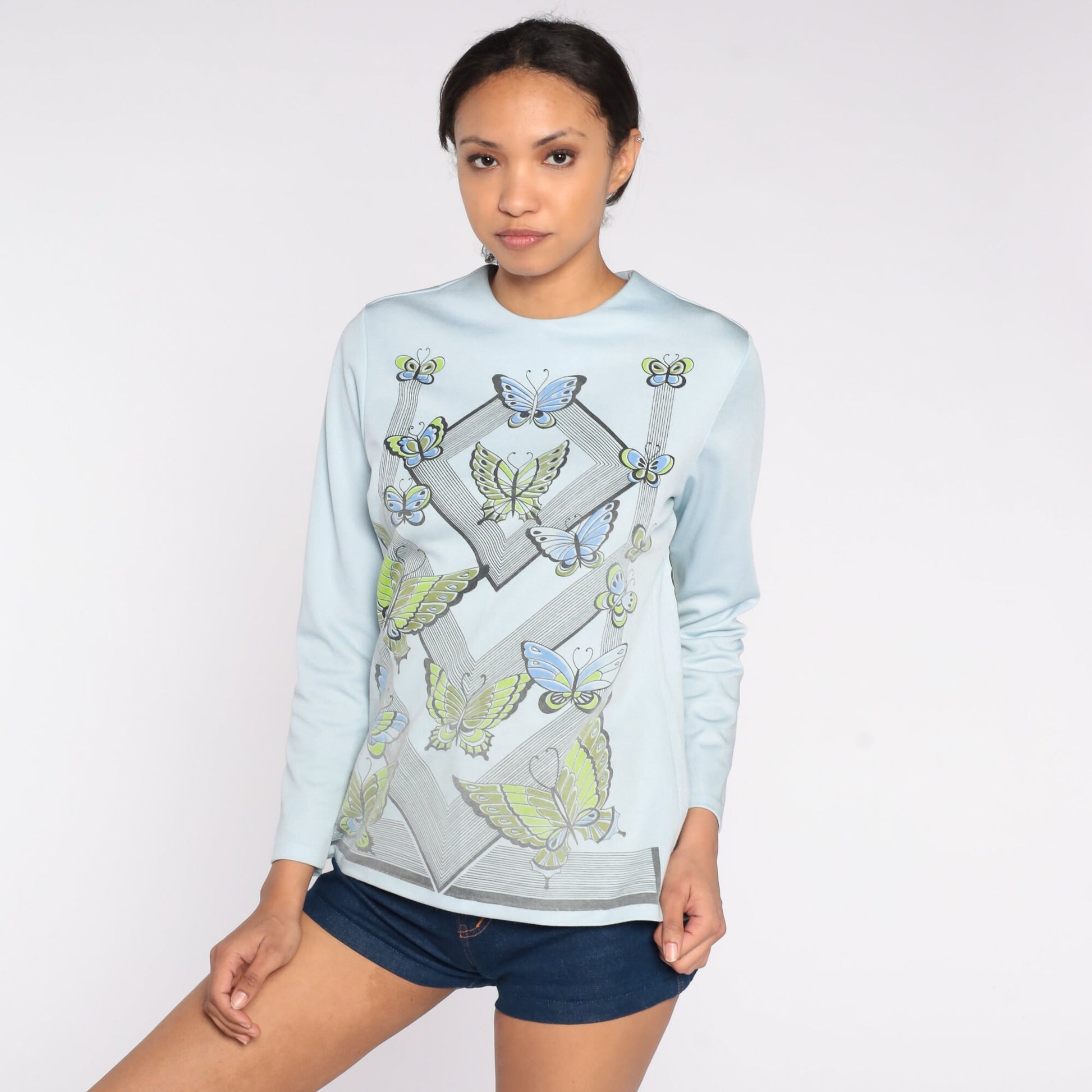 70s Butterfly Blouse Powder Blue Long Sleeve Graphic Shirt Medium