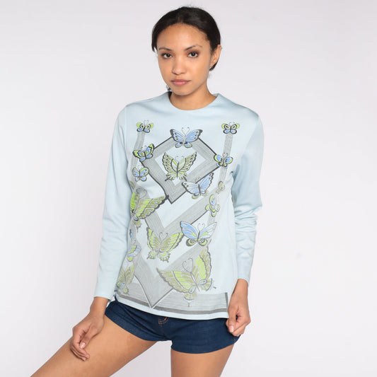 70s Butterfly Blouse Powder Blue Long Sleeve Graphic Shirt Medium