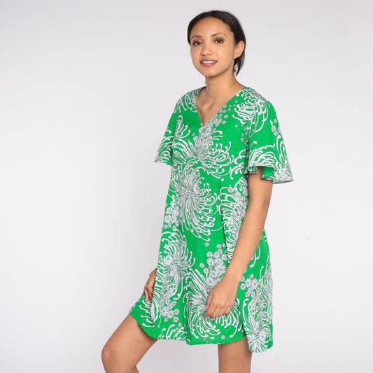 70s Green Floral Mini Dress Empire Waist Flutter Sleeve Shift Large L
