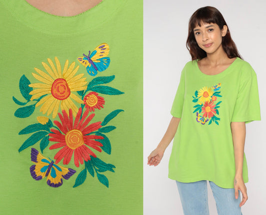 90s Lime Green Embroidered Butterfly Floral Woven Shirt Large
