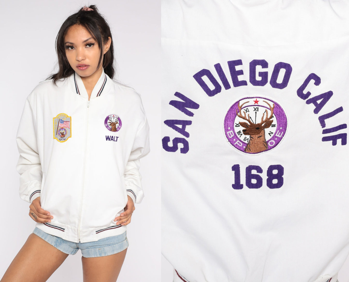 80s San Diego Elks Club El Cajon Bomber Jacket Embroidered Windbreaker White Mens Large L