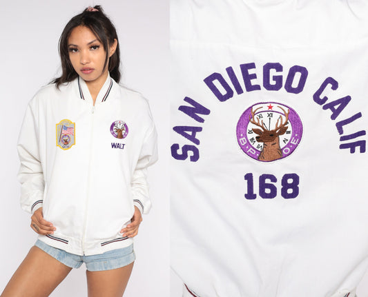 80s San Diego Elks Club El Cajon Bomber Jacket Embroidered Windbreaker White Mens Large L