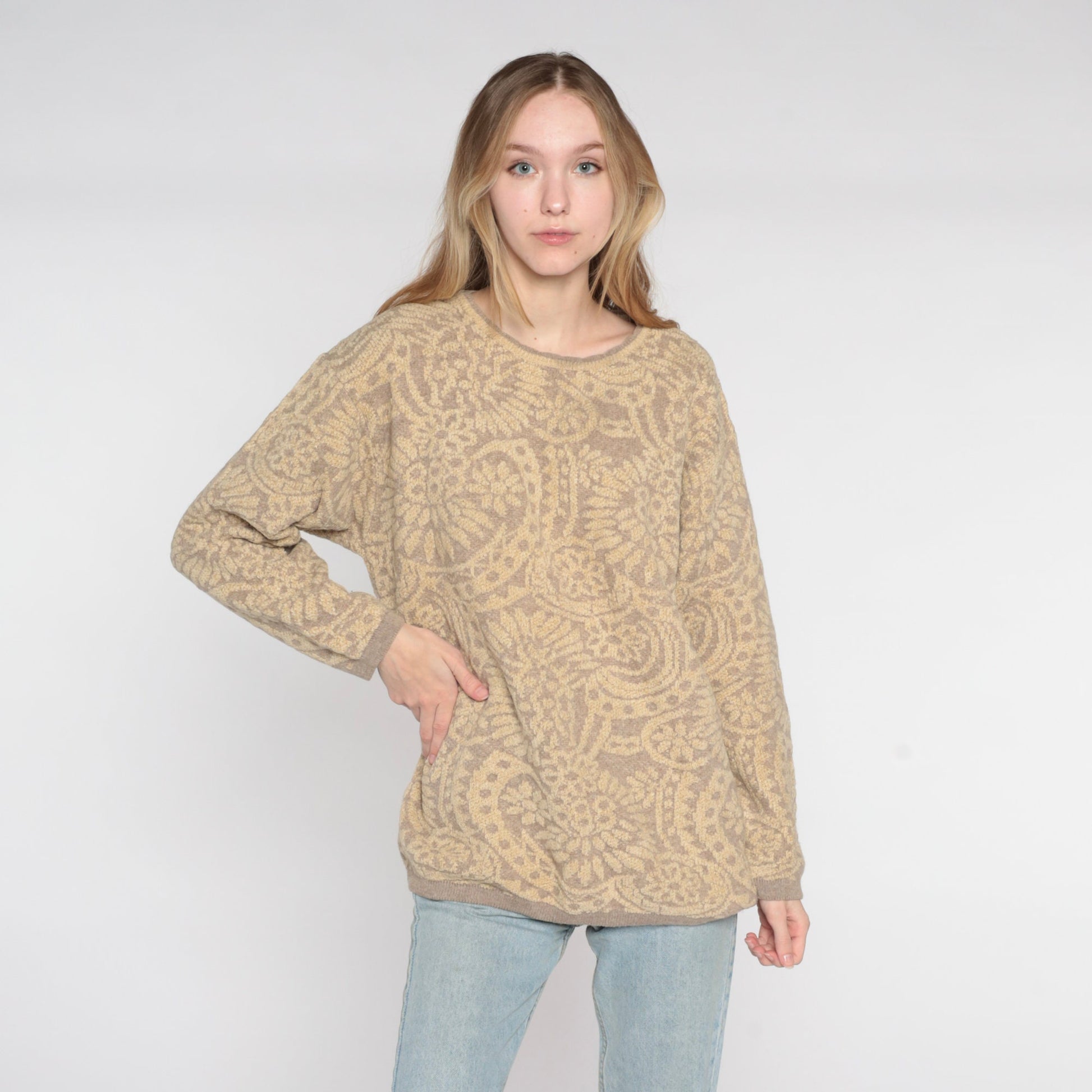 90s Tan Floral Wool Blend Sweater Italian Made Pullover Medium
