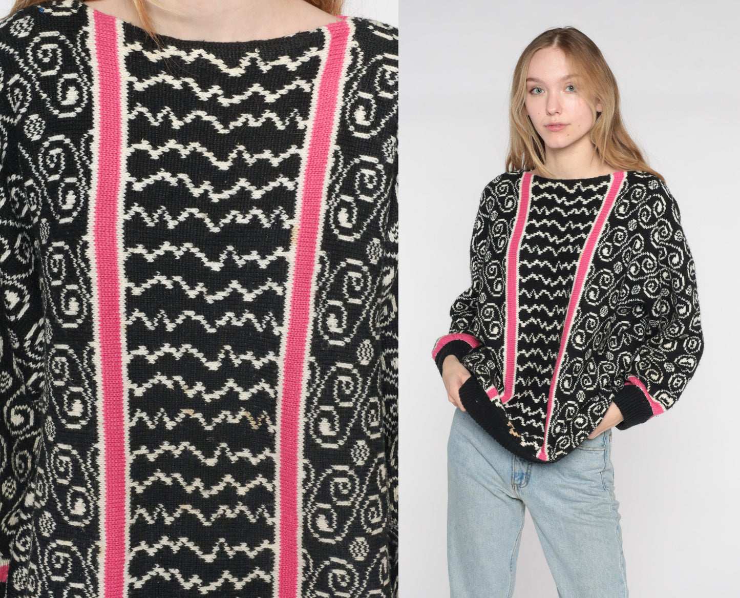 80s Black Swirl Stripe Knit Sweater Pink White Abstract Pullover Small