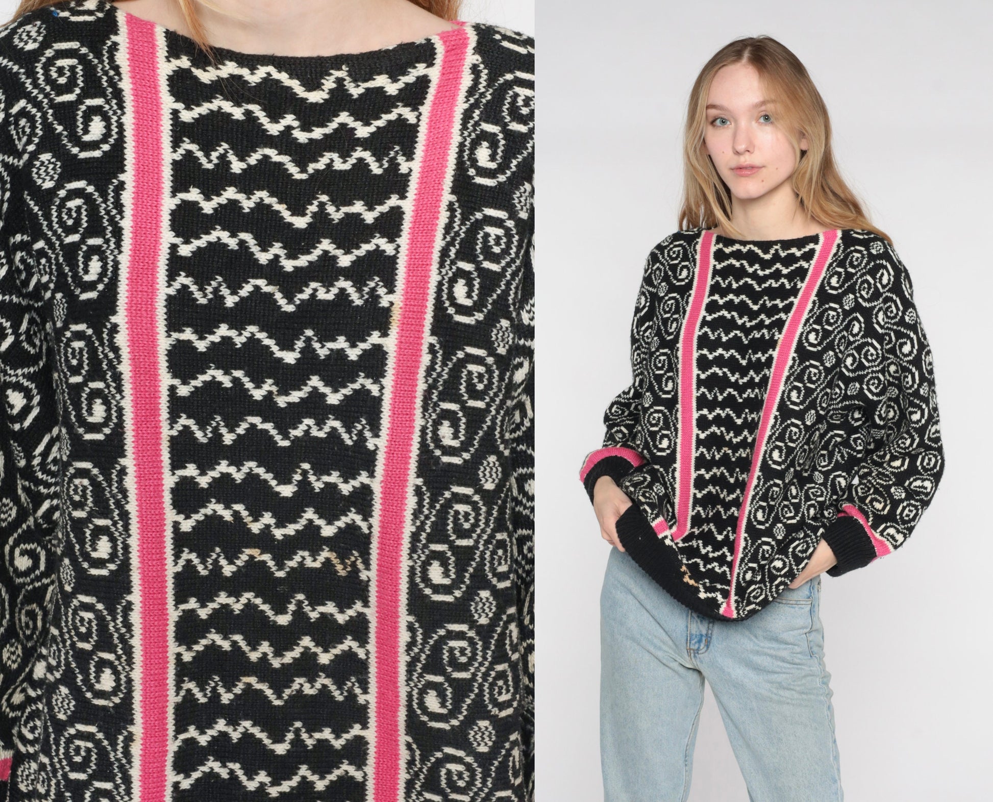 80s Black Swirl Stripe Knit Sweater Pink White Abstract Pullover Small