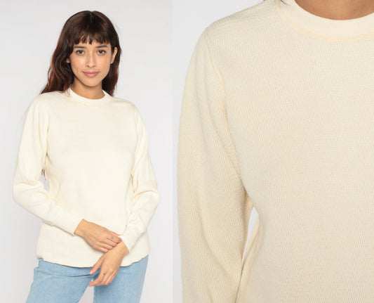 80s Off-White Thermal Waffle Knit Long Sleeve Shirt Cotton Large