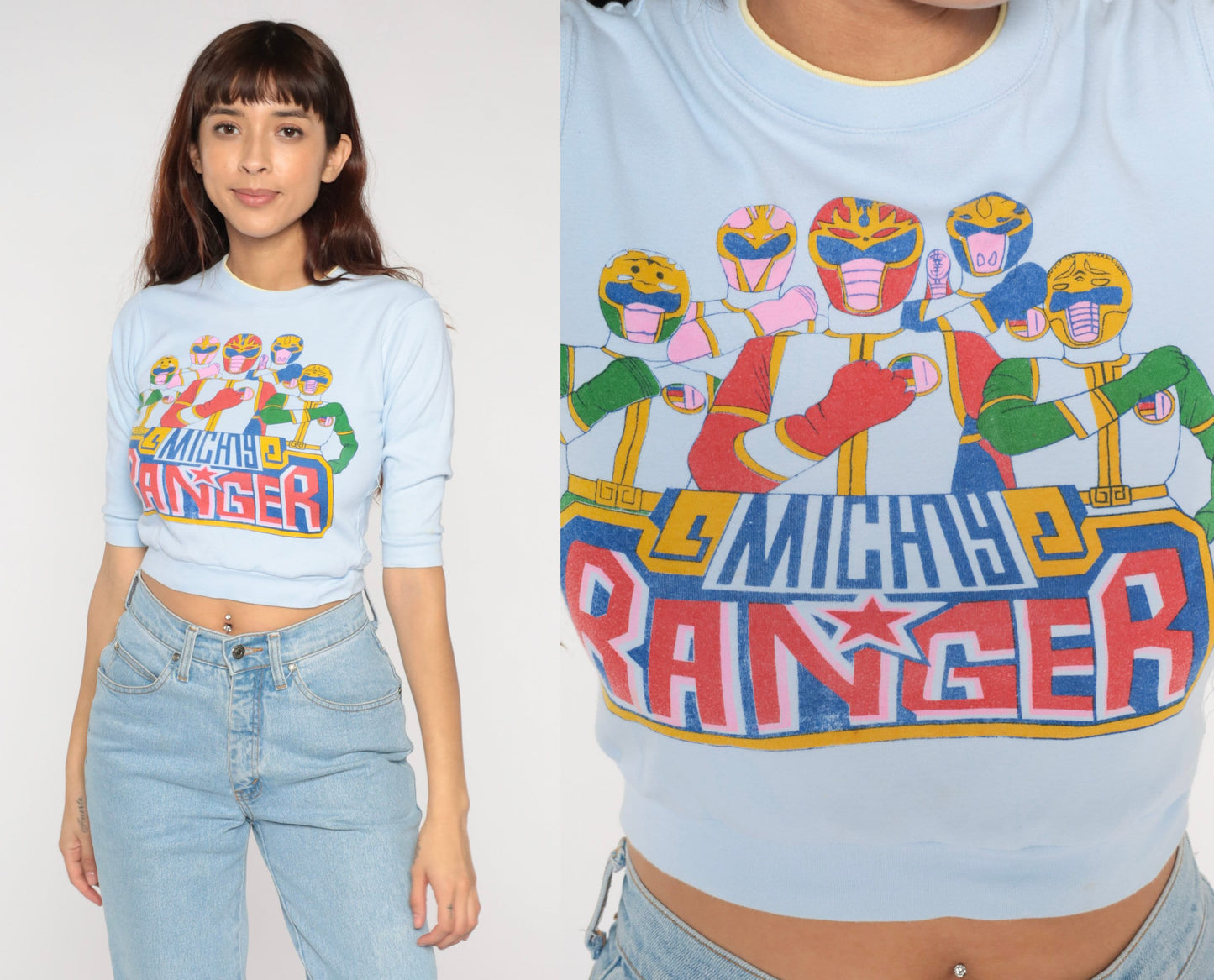 90s Mighty Ranger Graphic Crop Top Baby Blue T-Shirt 2XS