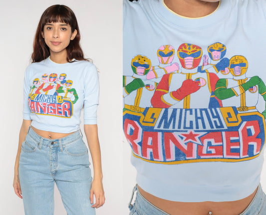 90s Mighty Ranger Graphic Crop Top Baby Blue T-Shirt 2XS