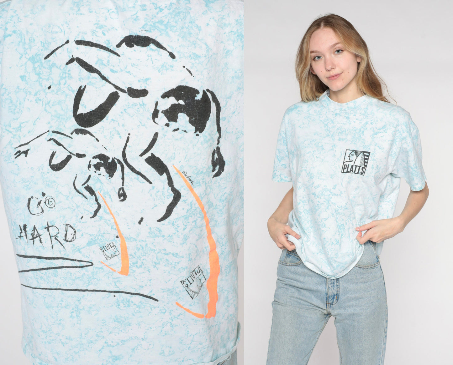 90s Platts Surf Tie Dye Graphic T-Shirt Blue White Go Hard Large L