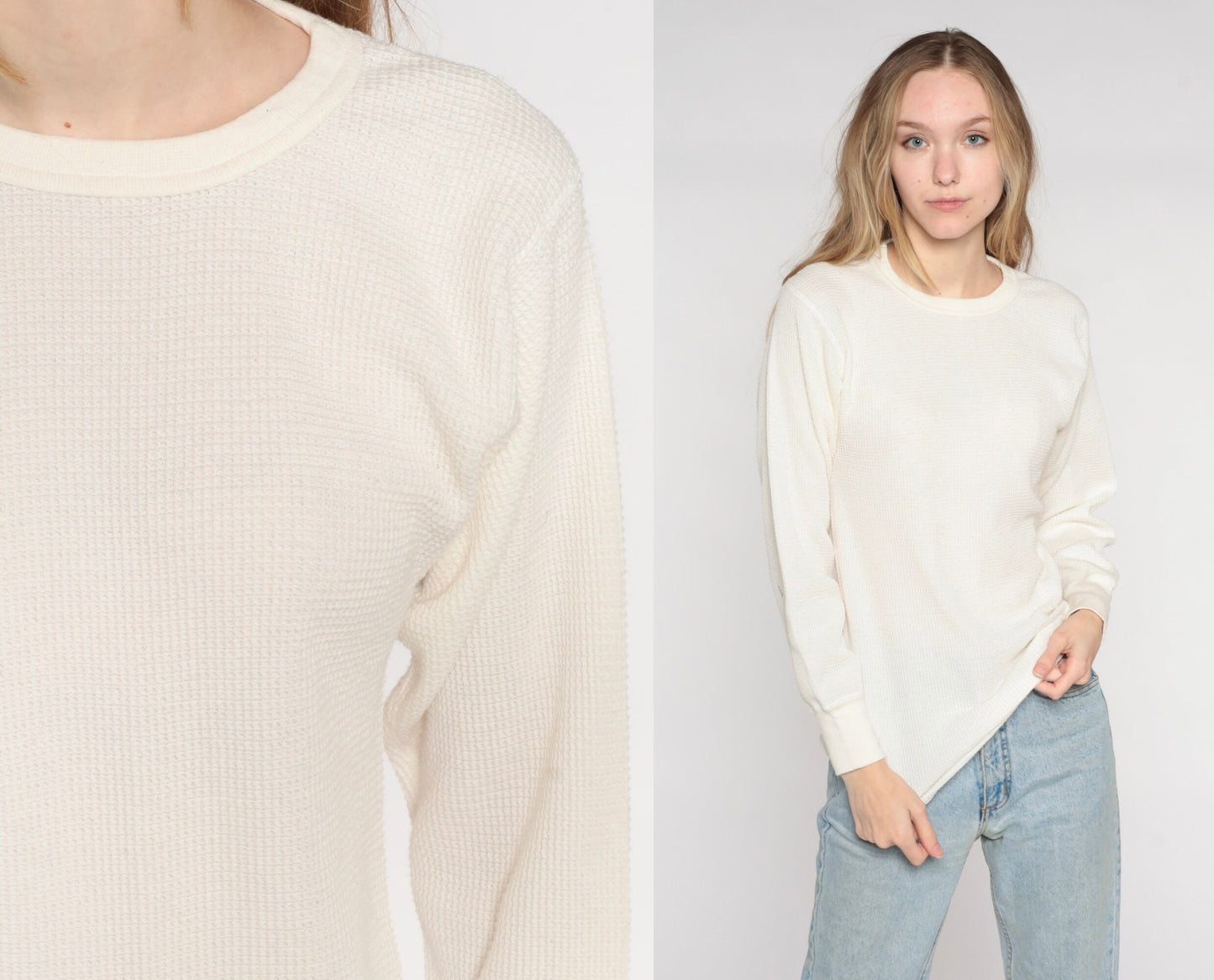 90s Off White Thermal Waffle Knit Long Sleeve Shirt Large