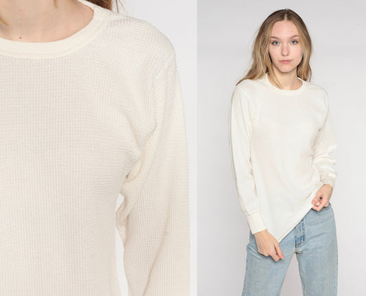 90s Off White Thermal Waffle Knit Long Sleeve Shirt Large