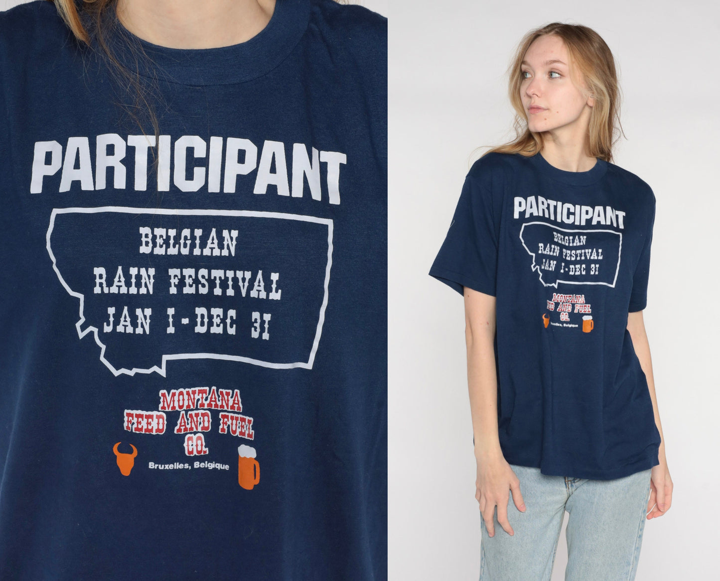 80s Belgian Rain Festival Participant Graphic Tee Navy Single Stitch Large