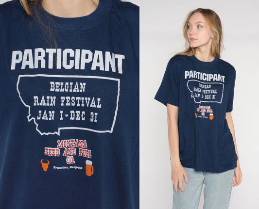 80s Belgian Rain Festival Participant Graphic Tee Navy Single Stitch Large