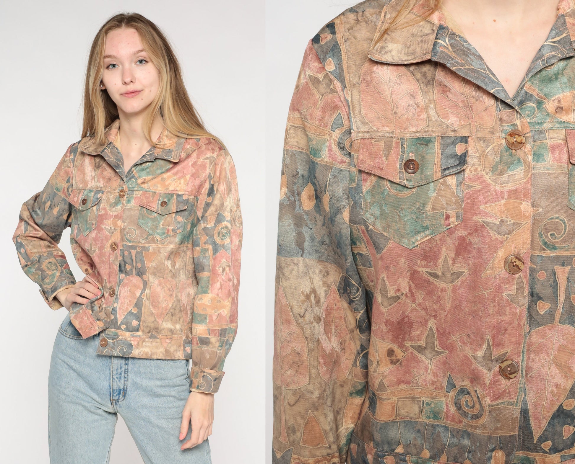 90s Abstract Fish & Tree Jacket Cropped Button Up Geometric Print Large L