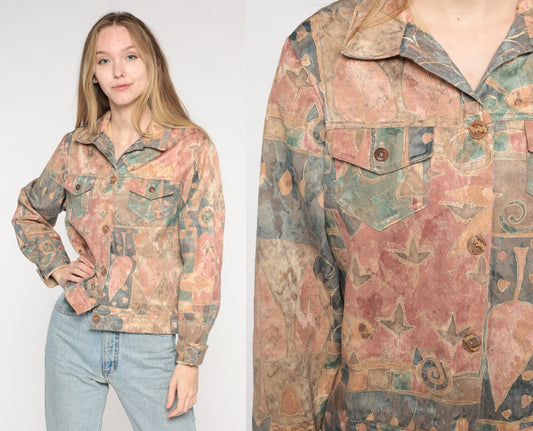 90s Abstract Fish & Tree Jacket Cropped Button Up Geometric Print Large L
