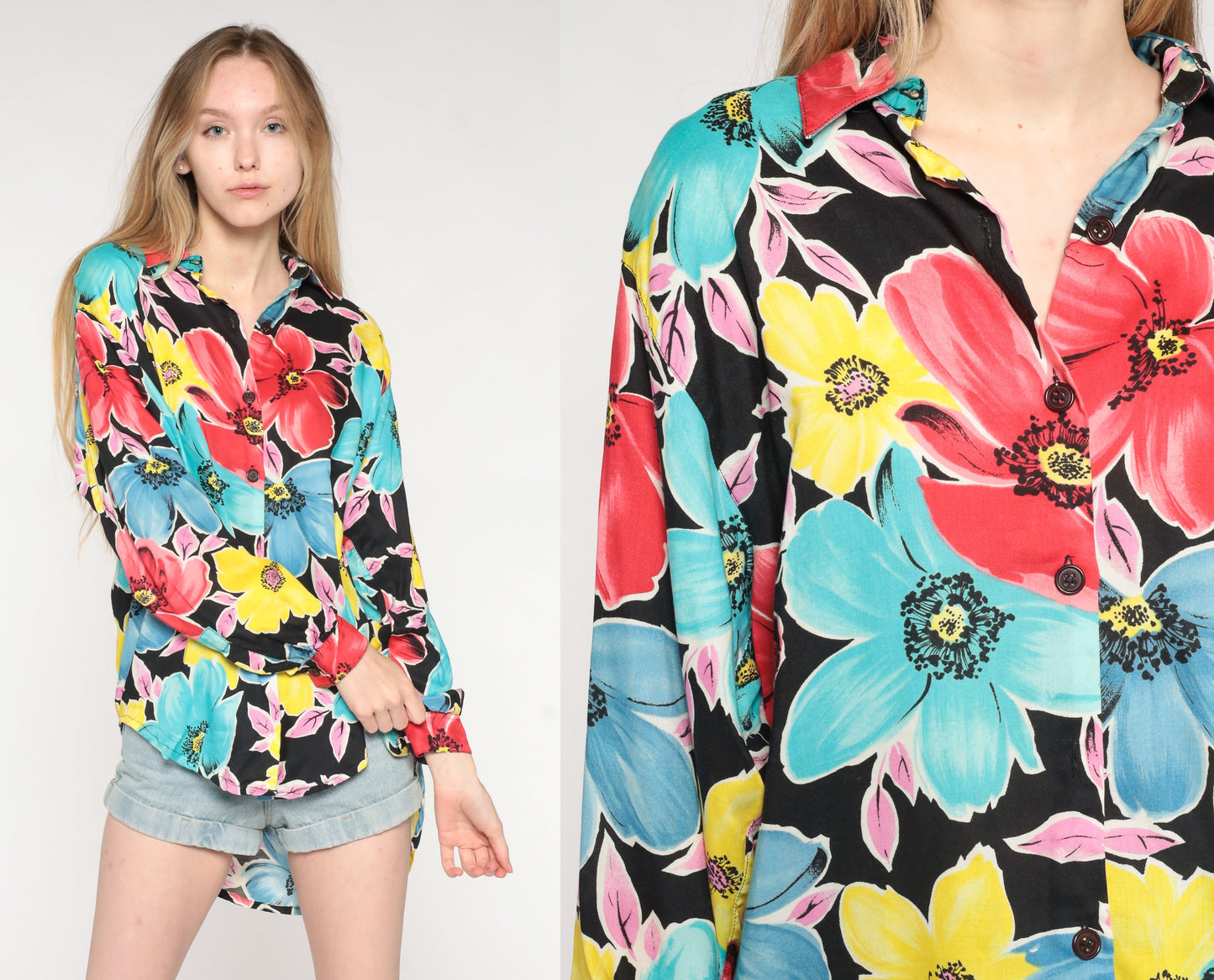 90s Diane von Furstenberg Floral Button Up Blouse Long Sleeve Small S