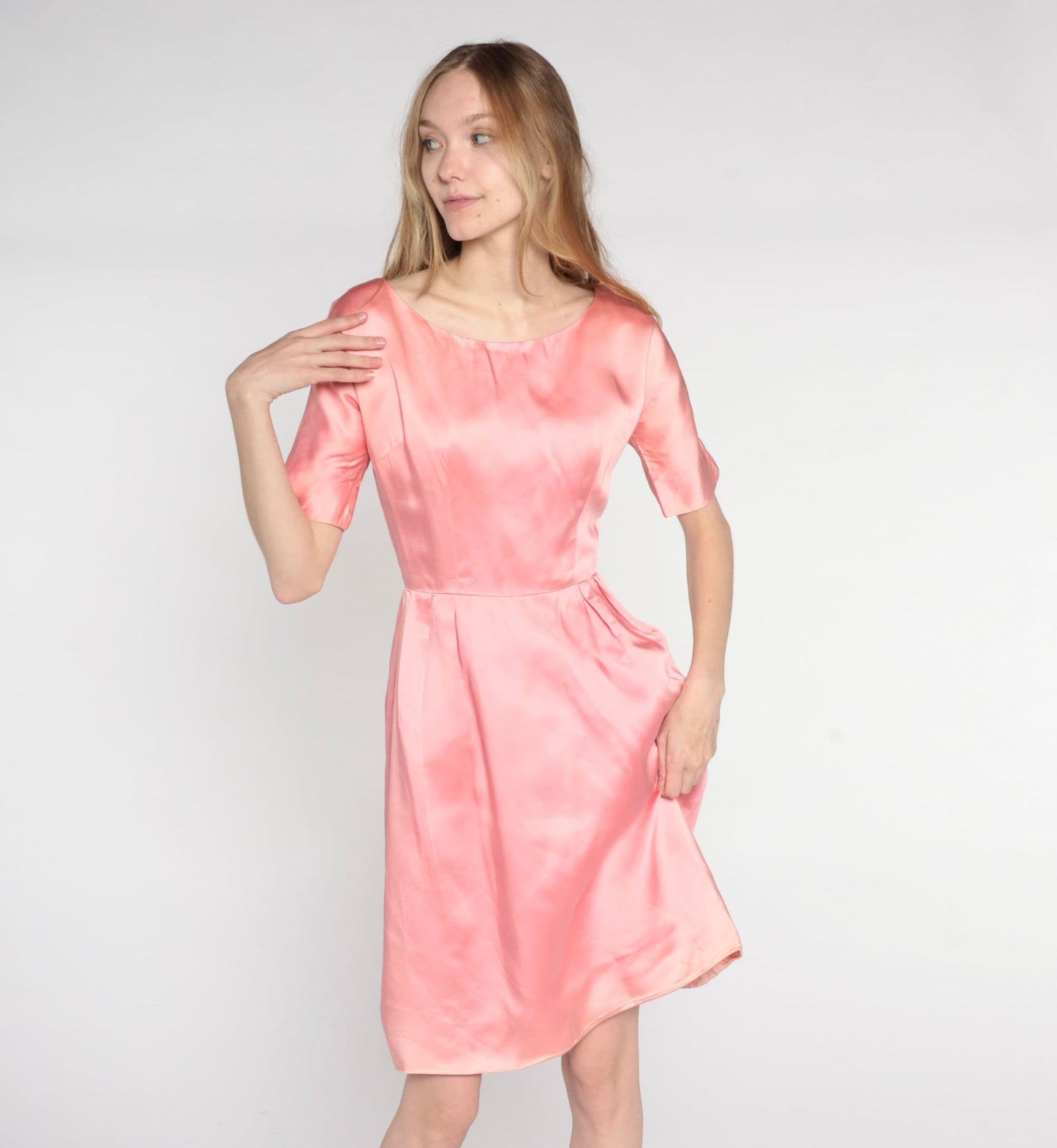1960s Pink Satin Mini Shift Dress Short Sleeve High Waist Extra Small XS