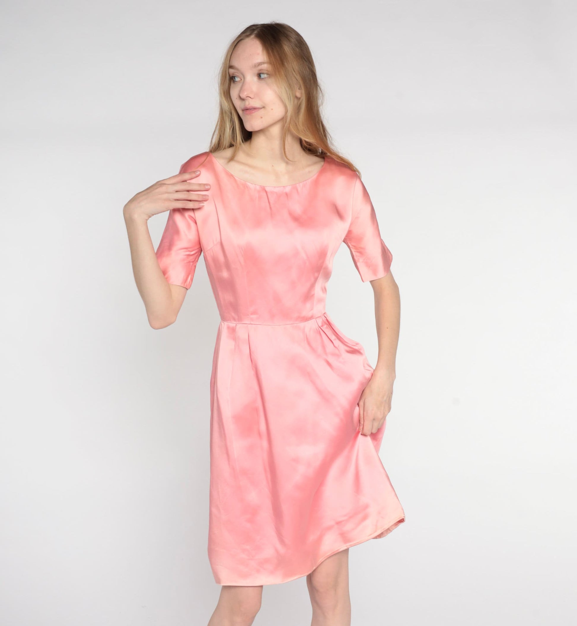 1960s Pink Satin Mini Shift Dress Short Sleeve High Waist Extra Small XS