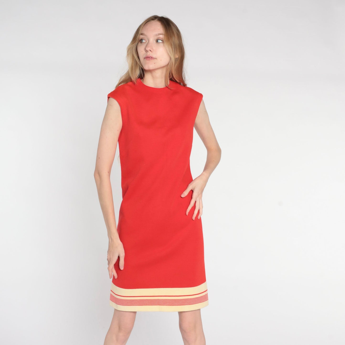 60s Mod Shift Dress Red Striped Wool Blend Mini Sleeveless Small S