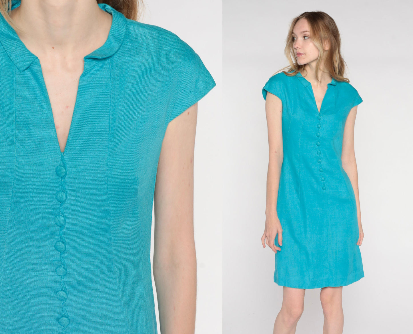 60s Blue Shift Dress Cap Sleeve Button Front Mini Small
