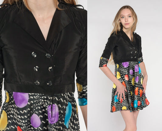 90s Black Geometric Silk Mini Dress Double Breasted V Neck Empire Waist Extra Small