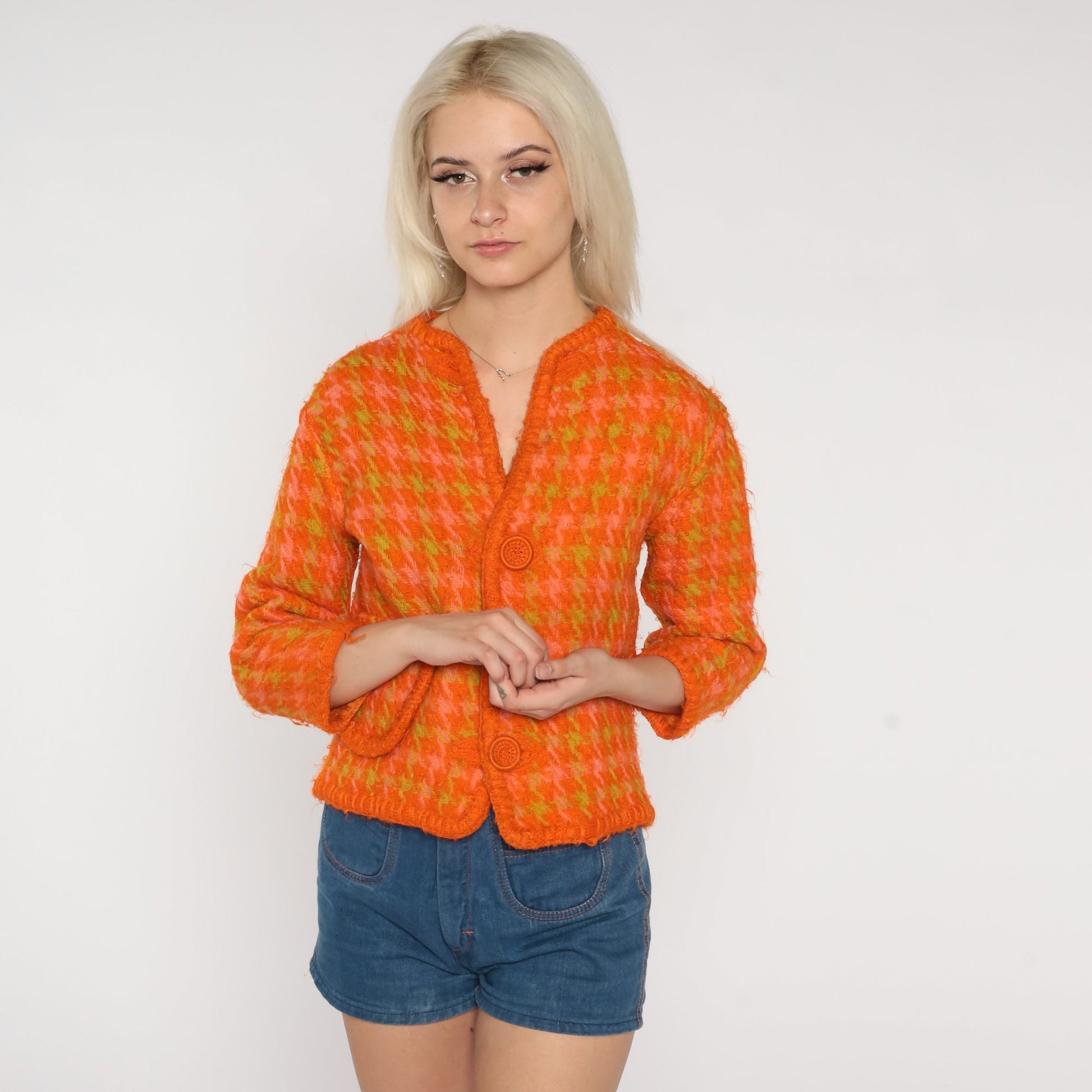 60s Orange Houndstooth Wool Blazer Three-Quarter Sleeve Jacket Extra Small