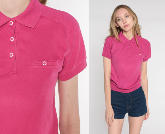 80s Hot Pink Polo Shirt Cropped Short Sleeve Button Up Small