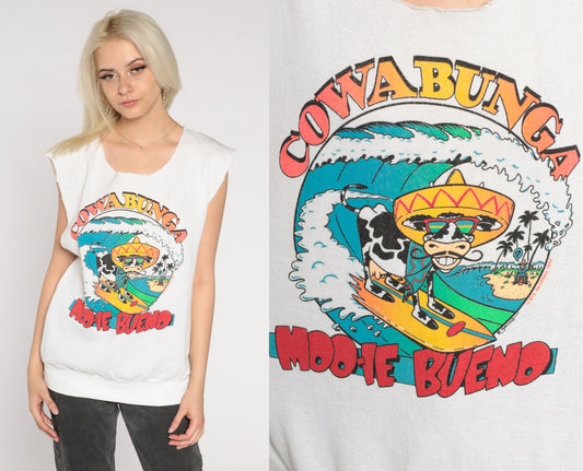 80s Surfing Cow Graphic Tank Top Cowabunga Cutoff Muscle Tee White Medium