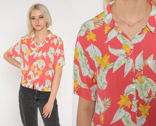 90s Hawaiian Shirt Faded Red Tropical Floral Button Up Small