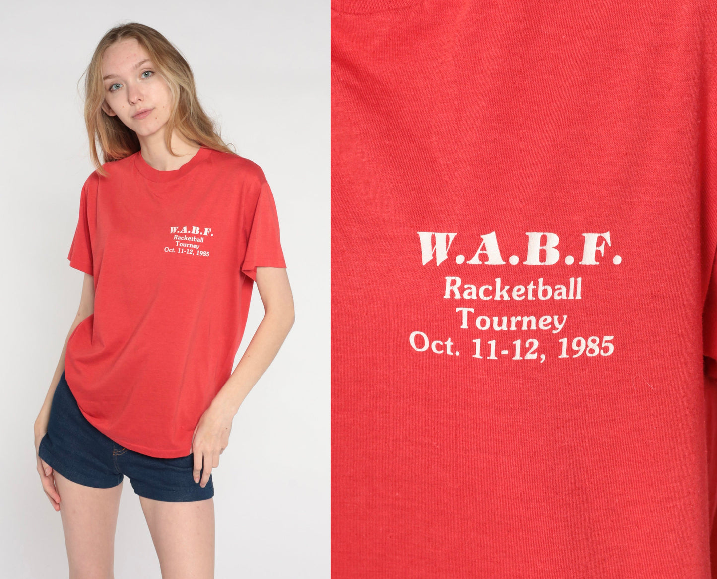 1985 WABF Racketball Tournament Graphic T-Shirt Red Single Stitch Medium