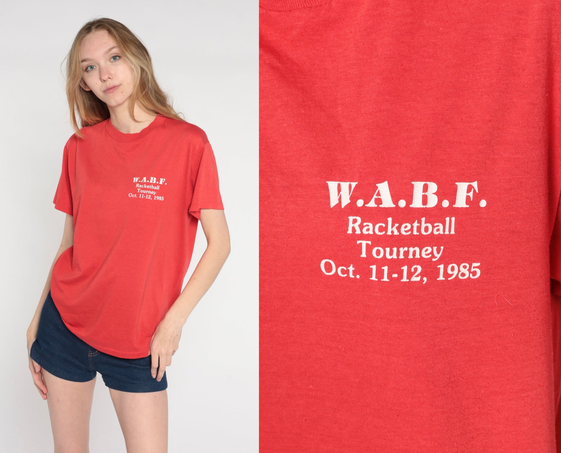 1985 WABF Racketball Tournament Graphic T-Shirt Red Single Stitch Medium