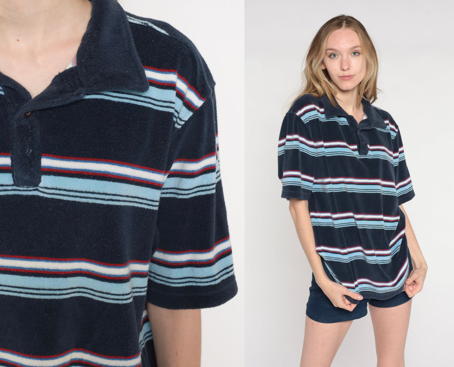 Y2K Navy Striped Terry Cloth Polo Shirt Half Button Collared Medium M