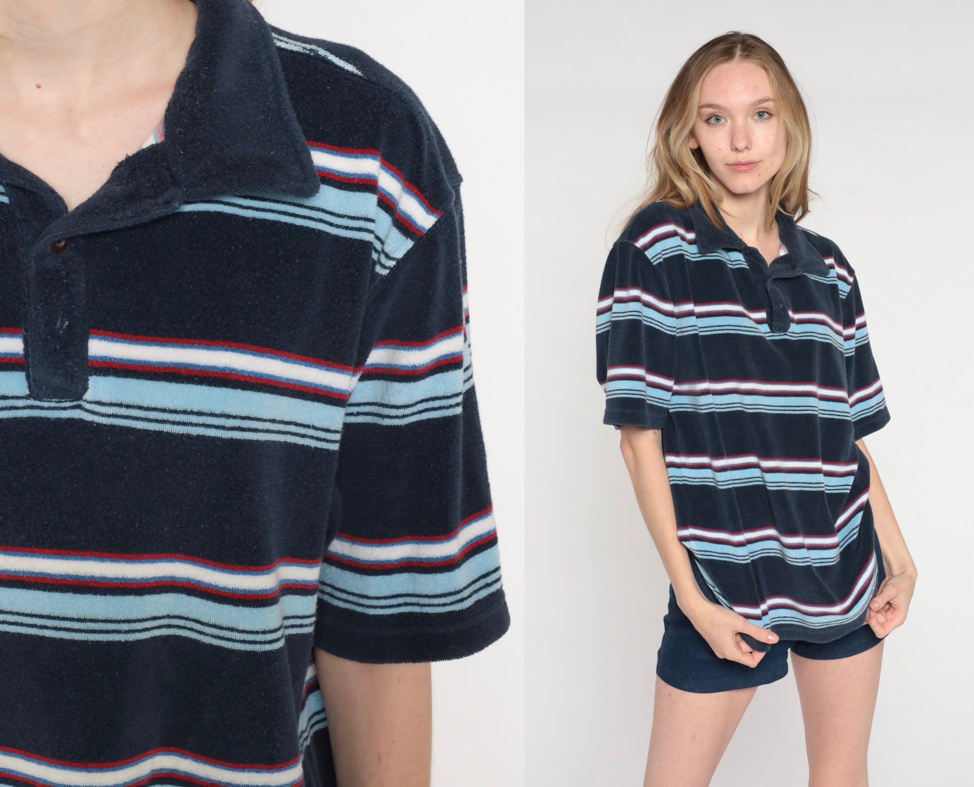 Y2K Navy Striped Terry Cloth Polo Shirt Half Button Collared Medium M