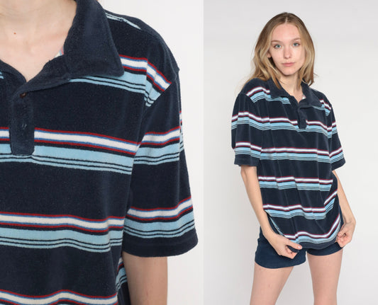 Y2K Navy Striped Terry Cloth Polo Shirt Half Button Collared Medium M