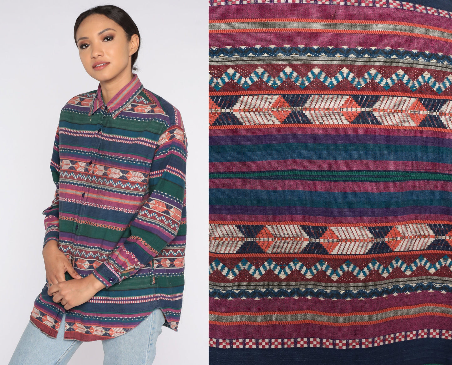 90s Striped Metallic Button-Up Shirt Geometric Print Long Sleeve Small S