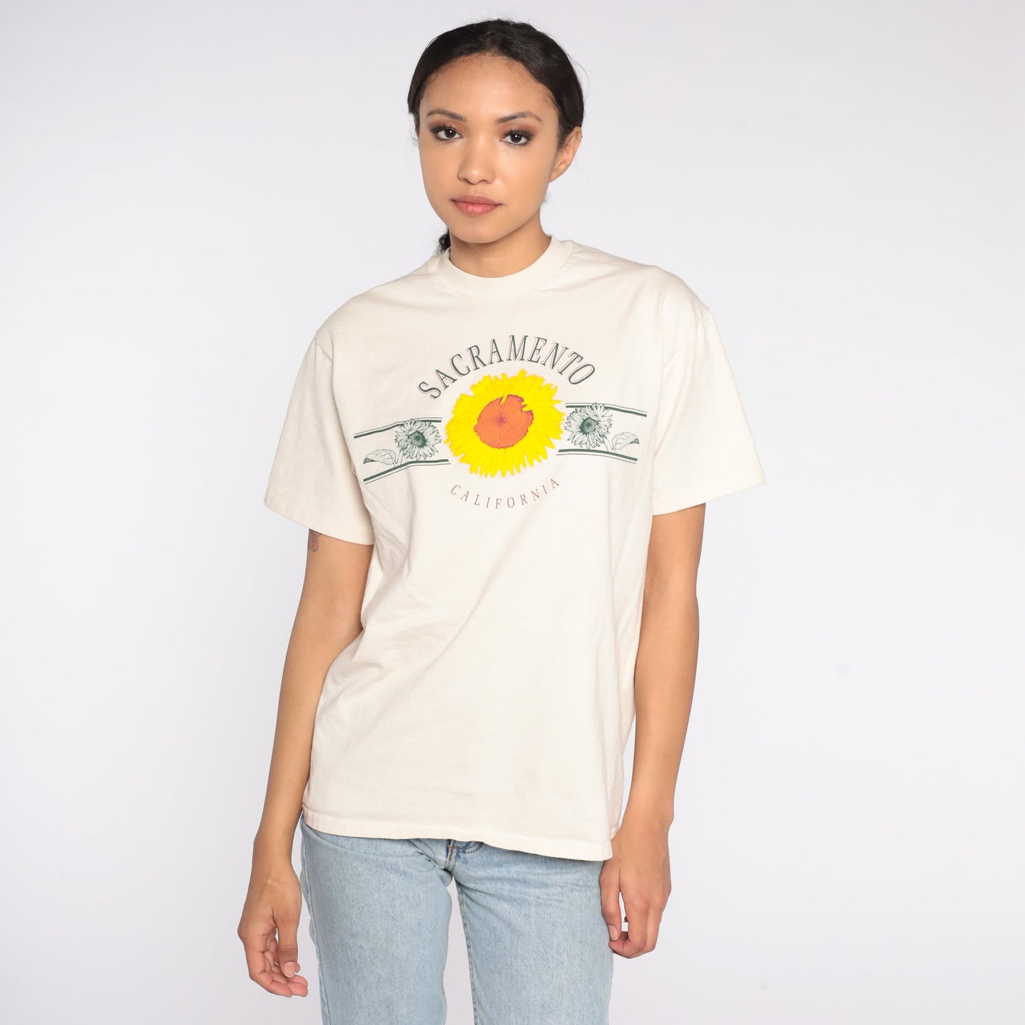 80s Sacramento California Sunflower Graphic T-Shirt Cotton Small
