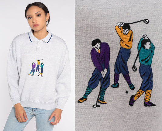 80s Embroidered Golfer Sweatshirt Heather Grey Henley Button Pullover Small