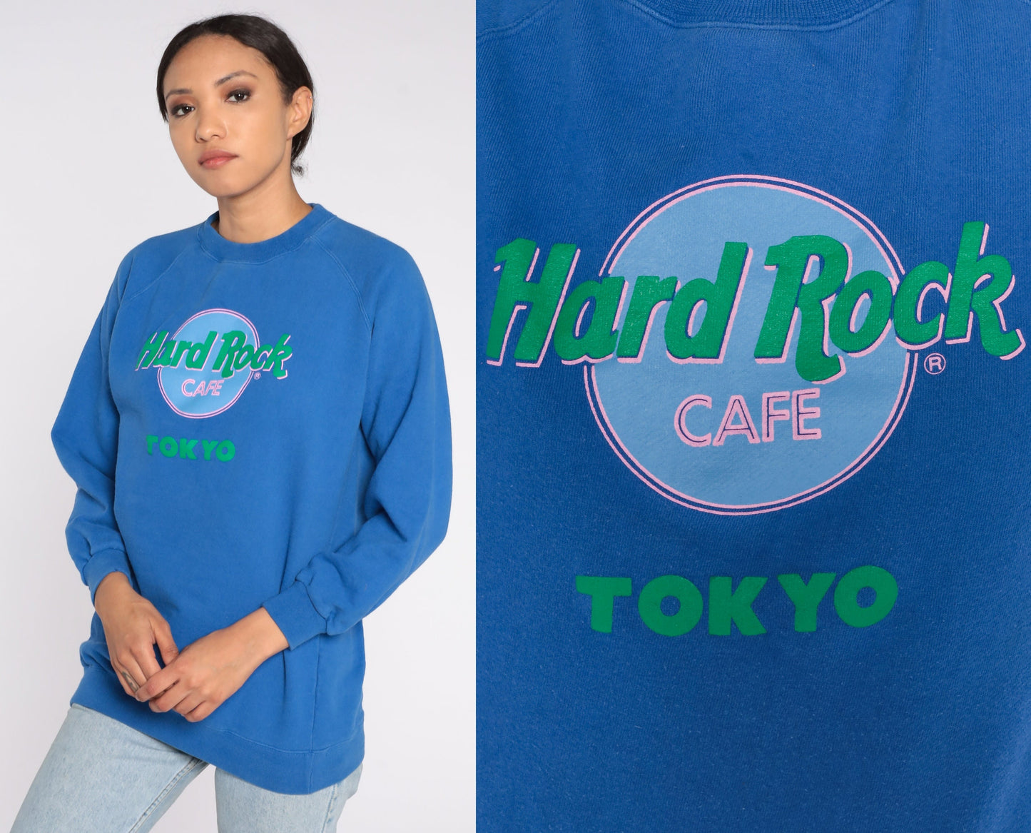 90s Hard Rock Cafe Tokyo Japan Raglan Sweatshirt Blue Graphic Pullover Extra Large