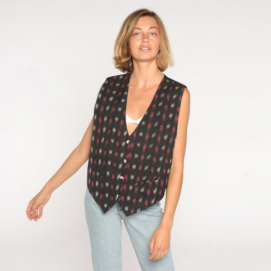 90s Black Ikat Print Button-Up Vest Cotton Sleeveless Medium