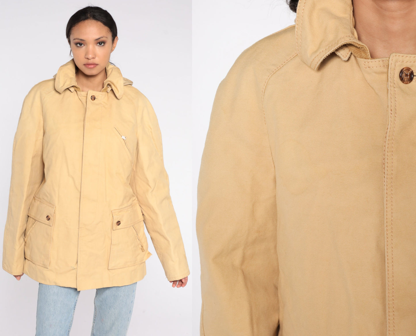 70s Tan Hooded Winter Jacket Removable Corduroy Hood Lined Parka Large