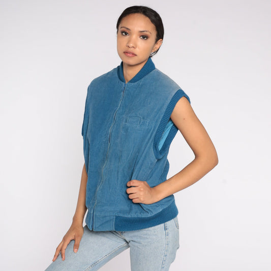 80s Blue Corduroy Puffer Vest Insulated Zip Sleeveless Large