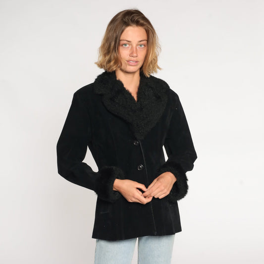 90s Black Faux Suede Jacket Faux Fur Trim Button Up Small