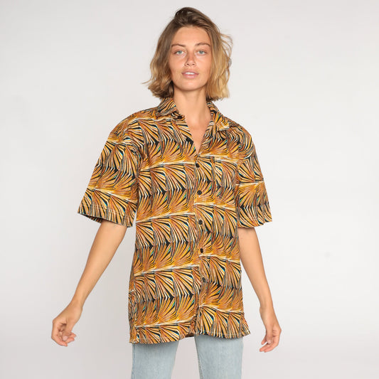 80s Abstract Op Art Button-Up Shirt Yellow Psychedelic Print Cotton Large