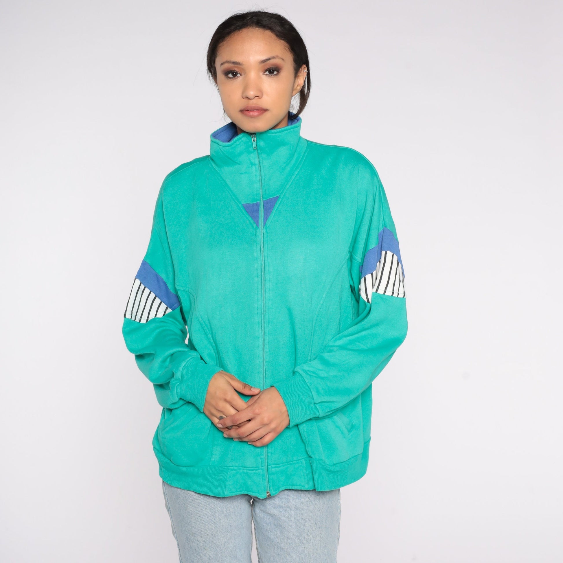 80s Green Striped Track Jacket Zip-Up Sweatshirt Large