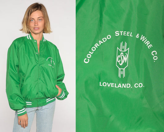 80s Steel & Wire Co Loveland Colorado Bomber Jacket Green Nylon Small